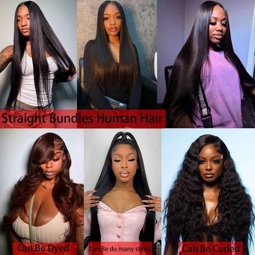 Oshiney Human Hair Bundles Straight 26-30 Inch 100% Unprocessed Brazilian Virgin Hair Weave 3 Bundles Silky Black Hair for Black Women