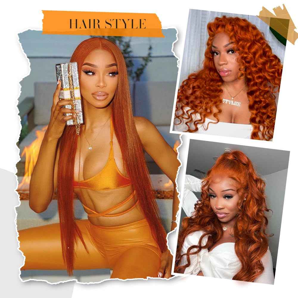 Ginger Lace Front Wig Human Hair Pre Plucked With Baby Hair, 13x6 HD Body Wave Lace Frontal Wig, 180% Density Colored Glueless Orange Wig for Women 24 Inch
