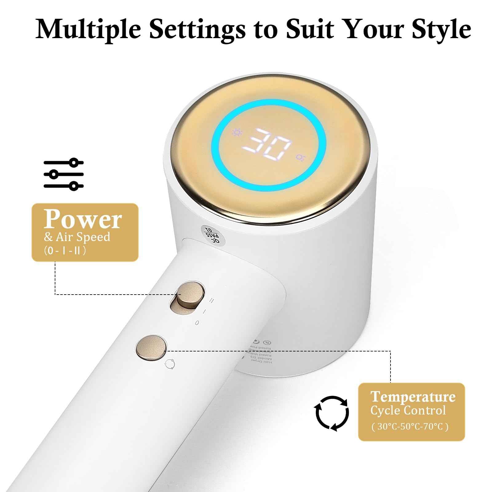 Hair Dryer,110000 RPM High-Speed Brushless Motor,GFCI Safety Plug-for high Humidity,Negative Ionic Fast Drying, Low Noise,Thermo-Control Hair-Dryer-with-LED Display and Nozzle (White)