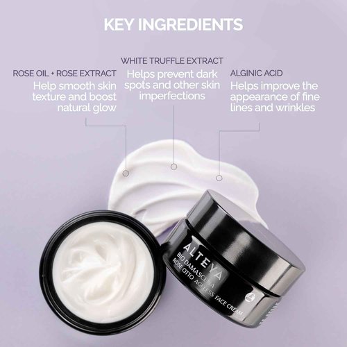 Alteya Organics Face Cream Certified Organic Skin Care 1.7 Fl Oz/50 mL Bio Damascena Award-Winning Ageless Rose Otto Face Moisturizer With Organic Bulgarian Rose Oil Firming, Deeply hydrating and Brightening