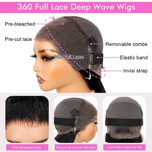 Hidden Strap 360 Full Lace Front Wigs Human Hair Invisible Strap Pre Plucked Bleached Konts Pre Cut Lace Deep Wave HD Lace Frontal Wig with Drawstring Natural Hairline 360 Glueless Wigs(18inch)