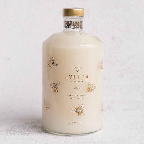 Lollia Wish Bubble Bath, 33.8 fl oz, Vanilla Bean, Rice Flower, Jasmine Leaves, & Sugar Cane, Luxury Hydrating Women's Bubbling Bath Soap, Delicate & Relaxing Scented Skin Care