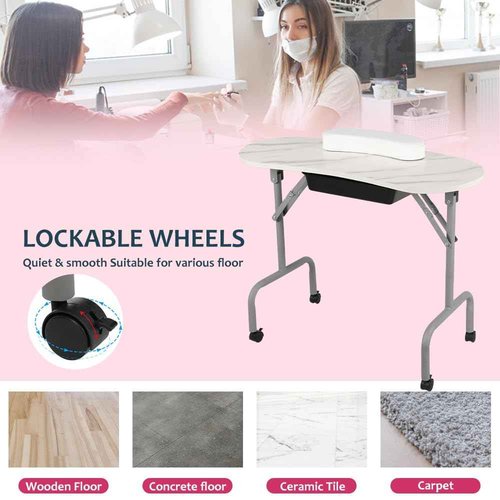 AGESISI Portable Manicure Table Foldable Nail Desk with Large Drawer Nail Tech Table for Technician Salon Workstation Client Wrist Cushion/Carry Bag/4 Lockable Wheels, 36-inch, White Marble