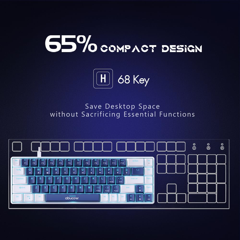 abucow 60% Mechanical Keyboard with Blue Backlight 68-Key Gaming Keyboard Dark Blue-White Keycaps - Red Switches for a Premium Typing and Gaming Experience PC Mac (Dark Blue-White)