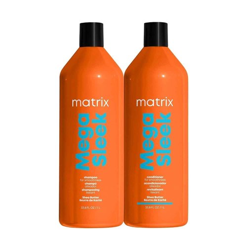 Matrix Mega Sleek Shampoo and Conditioner Set - Smoothing and Moisturizing, Anti-Frizz, Detangling, For All Dry, Damaged & Frizzy Hair Types, Nourishes With Shea Butter, Vegan, 33.8 Fl Oz