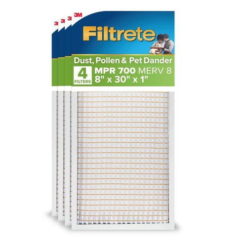 Filtrete 8x30x1 AC Furnace Air Filter, MERV 8, MPR 700, Tough on Pollen, Easy on Airflow, 3-Month Pleated 1-Inch Electrostatic Air Cleaning Filter, 4-Pack (Actual Size 7.69 x 29.69 x 0.81 in)