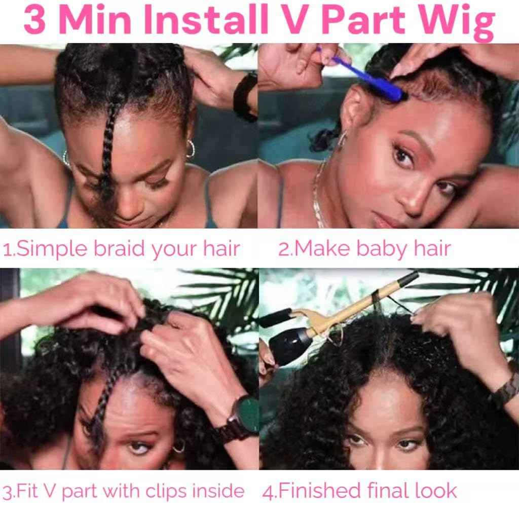 GKOKG V Part wig Human Hair Curly Upgrade U Part Wig For Black woman 100% Human Hair V Shape Cury Glueless Clip In Half Wig Natural Color No Leave Out 180% Density 22inch