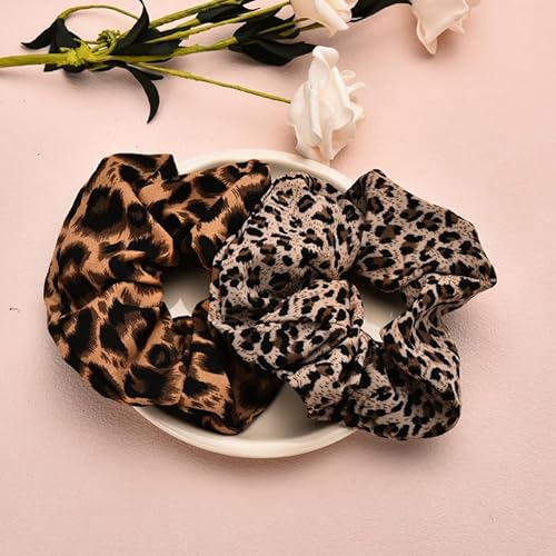 2 PCS Leopard Print Hair Scrunchies Satin Hair Bobbles Cheetah Print Scrunchy Hair Ties Elastic for Women Girls Silk Ponytail Holders Soft Hair Bobble Tie for Long Thick Hair Accessories