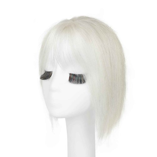 SEIKEA Hair Toppers for Women Real Human Hair, 10" Fluffy Natural Realistic 7x11CM Base Clip in Bangs with Wispy Bangs Hand-Tied Invisible Hairpieces for Thinning Hair Silver White