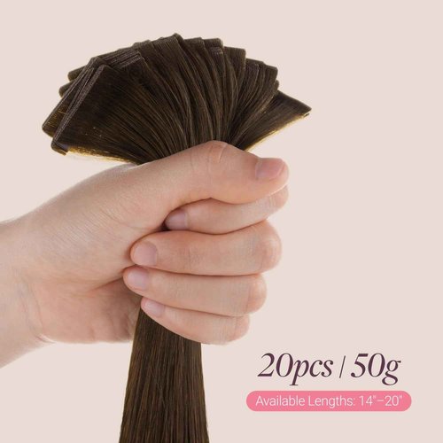 GOO GOO Genius Tape in Hair Extensions, Hand Tied Tape Weft, 4A Chocolate Brown, 14inch 50g 20pcs, Remy Human Hair, Seamless Invisible Tape, Natural Blend, Lightweight