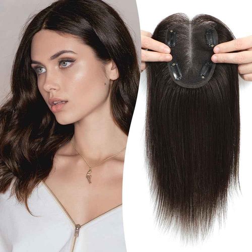 Uaismewow Hair Toppers for Women Real Human Hair 14inch Toppers for Thinning Hair 100% Remy HumanHiar Breathable Silk Base 4 Clips in HairPieces with Babyhair for Women Daily Wear #2 cover 4*4.8inch