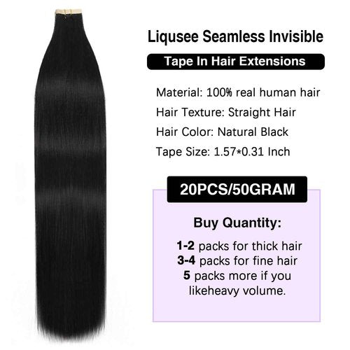 Liqusee Invisible Tape In Hair Extensions Human Hair Natural Black 20 inch 20pcs 50g/Pack Seamless Invisible Straight Tape ins Human Hair Extensions for Women