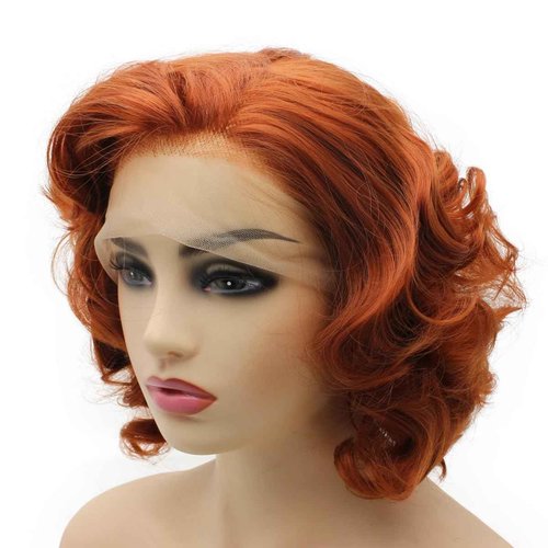 Peakia Short Wavy Burgundy Red Half Hand Tied Lace Frontal Wigs Synthetic