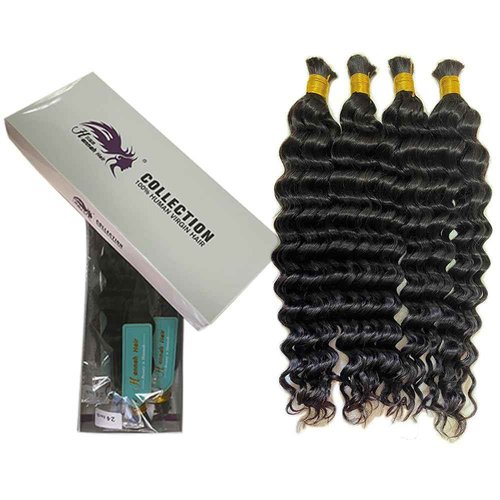 XISHIHONGYAN Bulk Human Hair Deep Curly - 4 Bundles (200g) Weft-Free Seamless for Box & Boho Knotless Braids 16" 18" 20" 22" Natural Black
