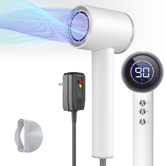Professional Hair Dryer Blow Dryer, 1600W Ionic Hair Dryer with LED Display&Magnetic Nozzle, Portable Hair Dryer with 4 Temps 3 Air-speeds, Low Noise Hair Blow Dryer for Travel, Home-Shell White