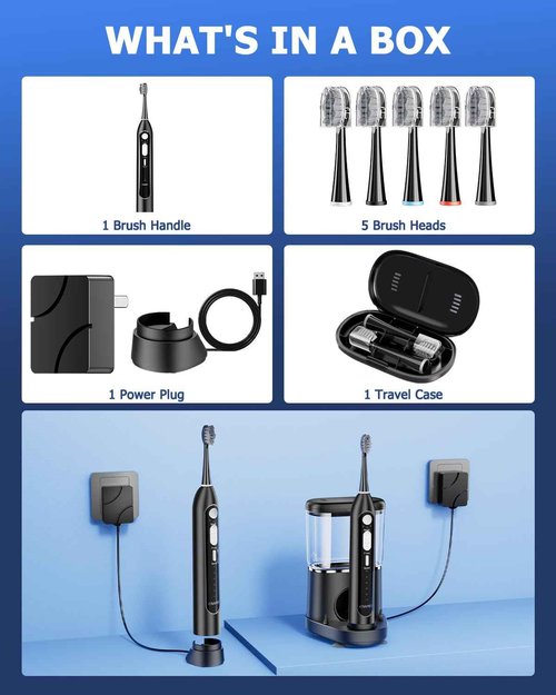 Electric Toothbrush with Water Flosser 3 in 1 Combo, Advanced 2.0 Flossing Toothbrush, Cordless Teeth Cleaning, 3 Modes&5 Speeds, Rechargeable Oral Dental Irrigator Kit for Adults, 5 Replacement Heads