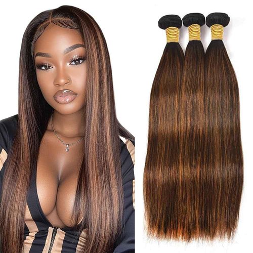 T1BP4/30 Highlight Human Hair Bundles Ombre Straight Bundles Dark Brown Mixed Light Brown 26 28 30 Inch Unprocessed Brazilian Virgin Human Hair for Black Women Hair Extension