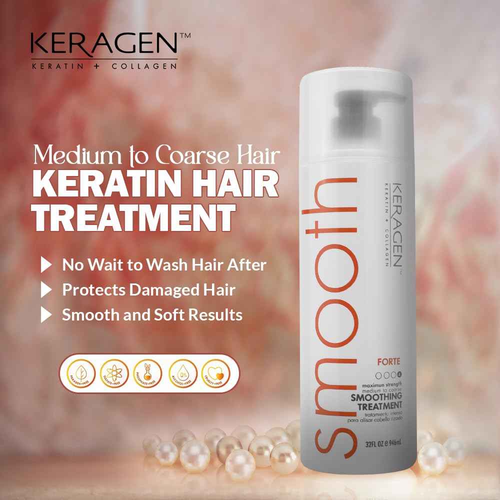 Keragen Brazilian Smoothing Keratin Hair Treatment | Sulfate-Free Blowout System for Dry, Damaged, Curly, or Frizzy Hair | Forte Formula | Medium to Coarse Hair | 32 Oz