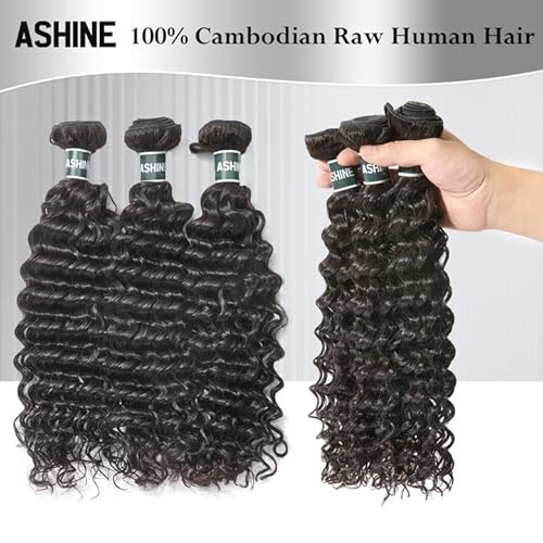 ASHINE Human Hair Bundle Deep Wave Unprocessed Cambodian Raw Hair 22 Inch, Flip Over Quick Weave Wet and Wave Bundles for Women Natural Black