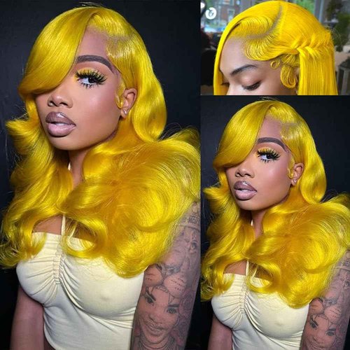 XIAPAY Yellow Lace Front Wig Human Hair 20 Inch Body Wave Blonde Wig Human Hair 13x4 Colored Lace Front Wigs Human Hair Pre Plucked 200% Density
