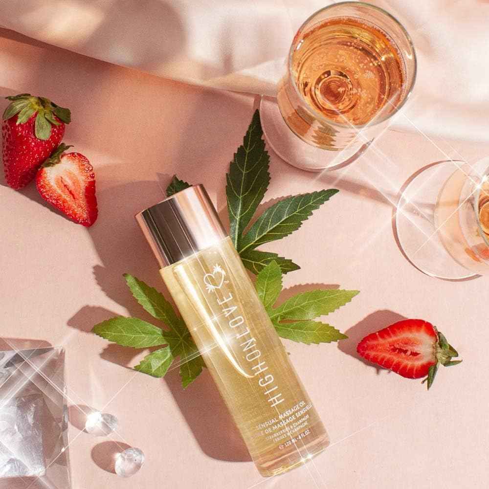 HIGHONLOVE Natural Body Oil with Hemp Seed, Grape Seed, & Vitamin E Oil - Moisturizing Body Glow with a Non-Greasy, Glowy Finish by High On Love (120 ml) (Strawberries & Champagne)