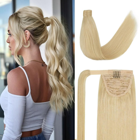 20 Inch Human Hair Ponytail 90g Long Wrap Around Ponytail Bleach Blonde Real Hair Ponytail Extension for Women(20inch,Bleach Blonde)