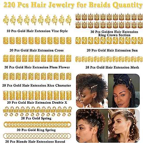 Lucomb 220 Pcs Gold Hair Jewelry for Braids, Loc Jewelry for Hair Dreadlock, Loc Charms for Women, Metal Gold Braids Rings Cuffs Clips for Dreadlock Accessories Clip Braids Extensions Decorations