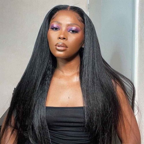 GOLFMAX Kinky Straight Lace Front Wigs Human Hair Pre Plucked With Baby Hairs 180% Density Yaki Straight 13x4 Transparent HD Glueless Lace Wig Human Hair Wigs For Black Women 24 Inch