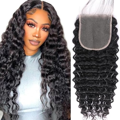 5x5 HD Lace Closure Deep Wave Ultra-thin Transparent HD Lace Closure 12A Brazilian Virgin Human Hair Closure Free Part Pre Plucked with Baby Hair Natural Black 22 Inch