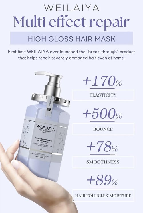 Weilaiya High Gloss Hair Mask 450mL (Repair damaged hair, Rebuid hair structure, Soft & Smooth hair, Anti frizzy hair, Heat protection, & keeps the hair color last longer up to 6 weeks)