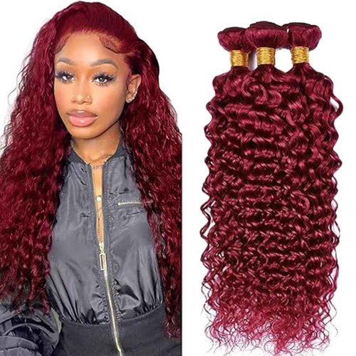 99J Burgundy Human Hair Bundles Burgundy Bundle 99J Water Wave 14 16 18 Inch Bundles Human Hair 100% Unprocessed Soft Sew in Bundle Double Weft for Black Women
