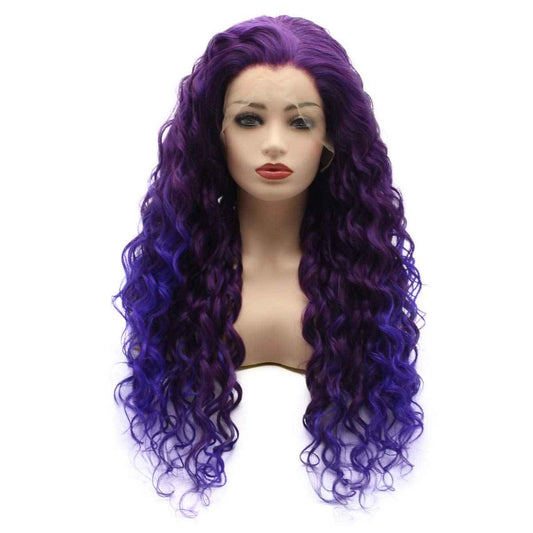 Meiyite Hair Curly Long 26inch Purple Root Light Purple Ombre Half Hand Tied Heavy Density Synthetic Lace Front Wigs