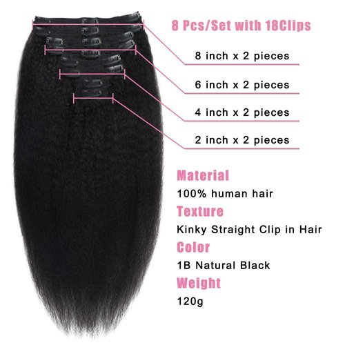 Tahikie Kinky Straight Human Hair Clip in Extensions 120g Full Head Clip ins for Women 100% Unprocessed Brazilian Virgin Human Hair Yaki Straight Clip ins Remy Hair Natural Black 8Pcs 18Clips 26inch