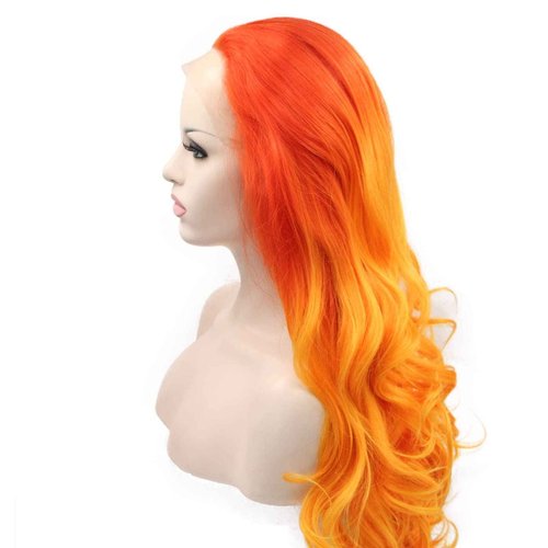 Orange Wigs for Women Handmade Lace Front Wig Red Orange Curly Hair Wig Long Wavy Side Part Yellow Ombre Natural Hairline Glueless Synthetic Heat Resistant Hair Cosplay Makeup Drag Queen Wig 24Inch