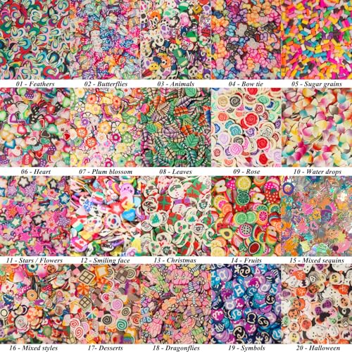 16000 pcs (20 Styles) Clay Slices Charms, VEINARDYL Nail Art Slices Fruit Heart Flower 3D Polymer Clay for DIY Crafts Resin Slime Making Cellphone Decoration