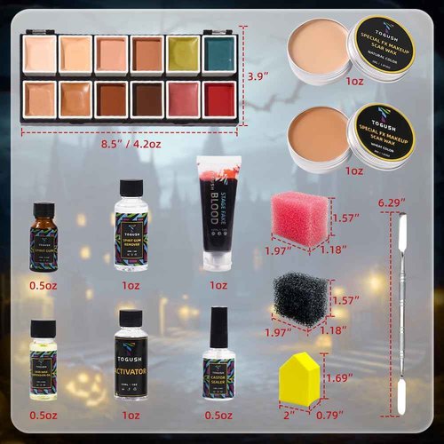 T TOGUSH Halloween Makeup Special Effects SFX Makeup Kit 12 Colors FX Palette Face Body Painting with Fake Blood,Scar Wax,Spirit Gum,Castor Sealerm,Extension Oil,for Clown makeup,Zombie