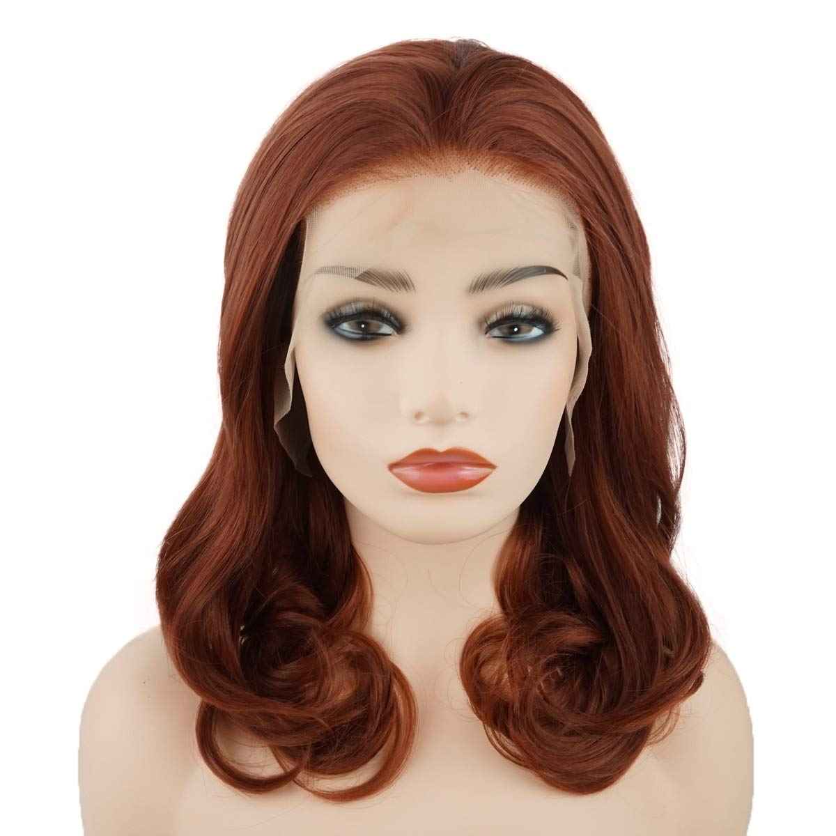 Meiyite Hair Wavy Shoulder Length 16inch Burgundy Red Half Hand Tied Heavy Density Synthetic Lace Front Wigs