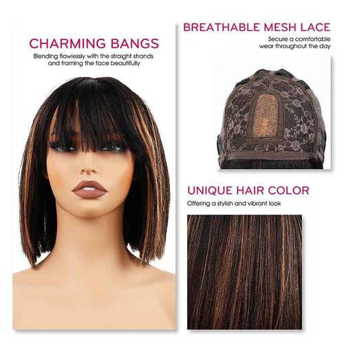 BIG G HAIR 10 inch Yaki Straight Bob Wig Vietnamese Human Hair Wig Pre-Bleached, Wear and Go Lace Bob Wig Human Hair 180% Density Piano Brown, Glueless Wig Human Hair with Blunt Bangs