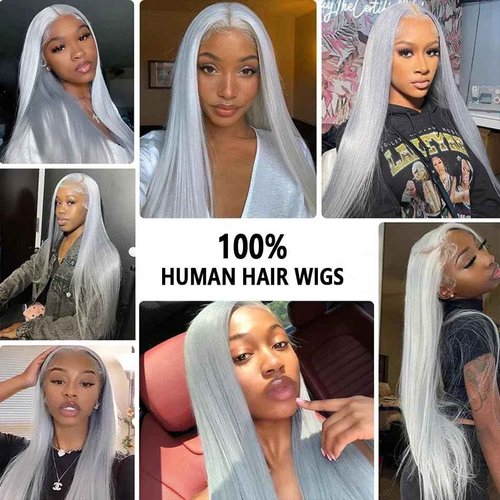 Mscathy 200% Grey Human Hair Wigs Straight 13×4 UHD Transparent Pre Plucked Pre Cut Gray Lace Front Wig Virgin Human Hair Glueless Lace Front Wigs for Women 24 Inch