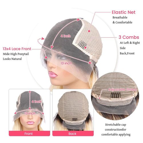 SUNFA Ombre Blonde Human Hair Bob Wigs 180% Density #1B/613 13x4 HD Transparent Glueless Wig Lace Front Bob Wigs Blunt Cut Pre-plucked Hairline Bleached Knots Wig 10Inch