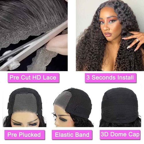 Wear and Go Glueless Wigs Human Hair Pre Plucked Pre Cut 4x4 Lace Front Wigs for Black Women Curly Glueless Human Hair Wig for Beginners (24 Inch)