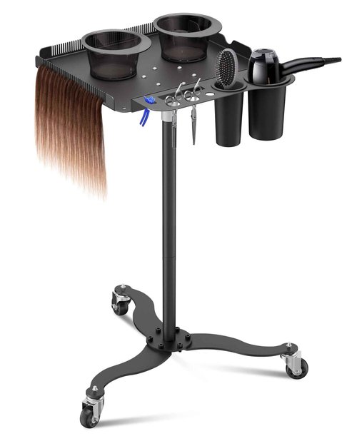 Salon Tray on Wheels,Metal Tray Rolling Cart with 2 Magnetic Bowls,Tattoo Tray, Salon Station with Hairstylist Holder and Hair Separator Stand,Multi-Function Adjustable with Wheels