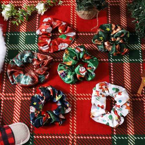 12PCS Christmas Hair Scrunchies, 4.3 Inch Santa Claus Xmas Tree Gingerbread Man Reindeer Patterns Elastic Hair Ties Christmas Ponytail Holders Hair Accessories for Women Girls (6 Styles)