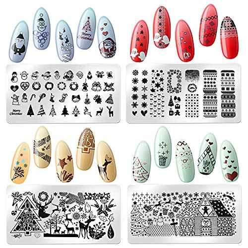 Maitys 10 Pieces Christmas Nail Stamping Plate Nail Stamp Kits Santa Reindeer Snowflake Tree Bell Winter Image Nail Template for Women Christmas DIY Nail Stencils