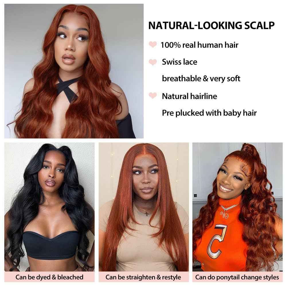 180% Density Reddish Brown 13x6 Lace Front Wigs Human Hair Pre Plucked 13x6 HD Transparent Body Wave Lace Front Wigs For Women Ginger #33 Colored Brazilian Virgin Hair Glueless Wigs Human Hair 22Inch