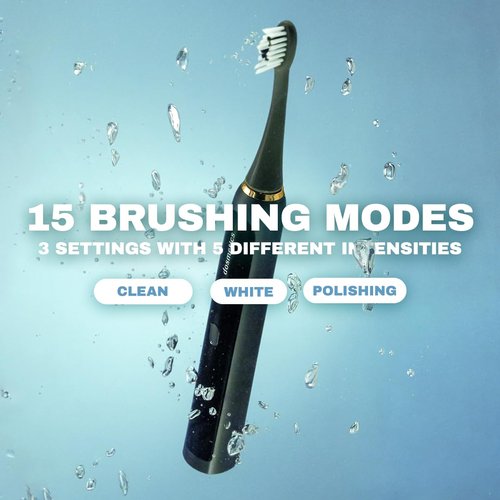 dosmetics Electric Toothbrush for Adults, Sonic Toothbrush with Replaceable Heads and 15 Brushing Modes, Rechargeable Waterproof Toothbrushes for Plaque Removal with Charging Base and Travel Cap