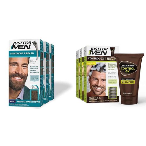 Just For Men Mustache & Beard, Beard Dye for Men with Brush Included & Control GX Grey Reducing Shampoo, Gradual Hair Color for Stronger and Healthier