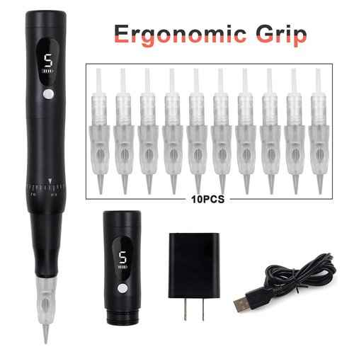 Cordless Permanent Makeup Machine Kit 5 Speeds Levels with Spare Battery for Eyebrows Eyeliner Lip Brushing (Black Machine)