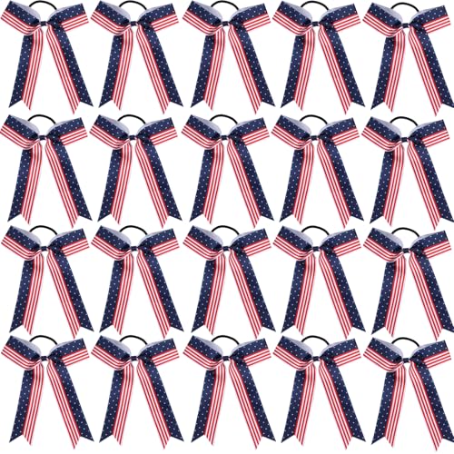 Hipcheer 20pcs Collegiate Style Cheer Bows for Girls, Long Tail Skinny Cheer Bow Ponytail Holder Handmade Bows for Girls Teens Softball Cheerleader Sports (Red Blue)