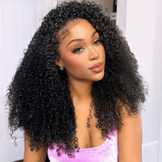 OWNROSE Half Wig Human Hair 200 Density Kinky Curly Half Wig 3 In 1 Seamless Flip Over Glueless Wigs Human Hair with Drawstring Beginner Friendly Curly Wig Headband Wig for Women Daily Wear 20 Inch
